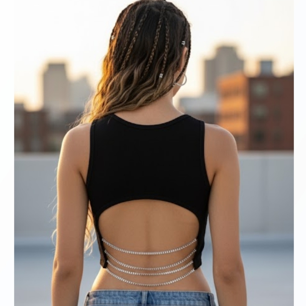 Y2K Edgy Black Backless Crop Top with Jeweled Chain Back – Urban Street Style